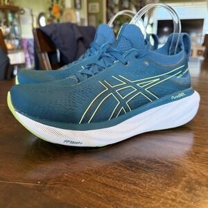Women's ASICS Gel-Nimbus 25 Ink Teal/Lime Running Shoes USA Women's 7.5 EUC